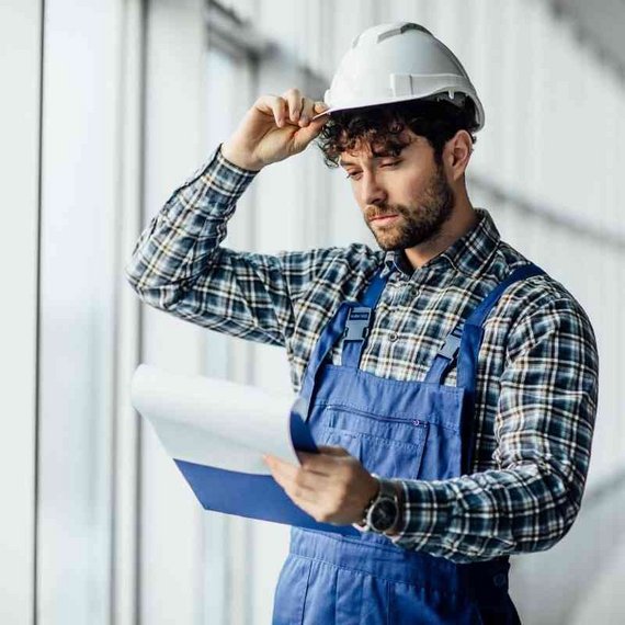 Arbeiter bei der Vorbereitung für die Arbeit in einer Industrieumgebung Person in einem blauen Jeanshemd und weißem Schutzhelm, wie sie ihren Helm in einer industriellen Umgebung anpasst